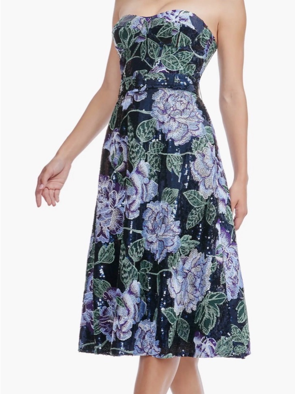 💜Carlita Embroidered Sequin Floral Strapless Cocktail Midi Dress NWT 💜